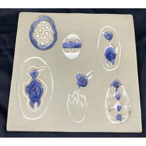 Bennington Pottery Trivet Tile #1535 Eggs Chicks Easter Spring Blue White 7.75"